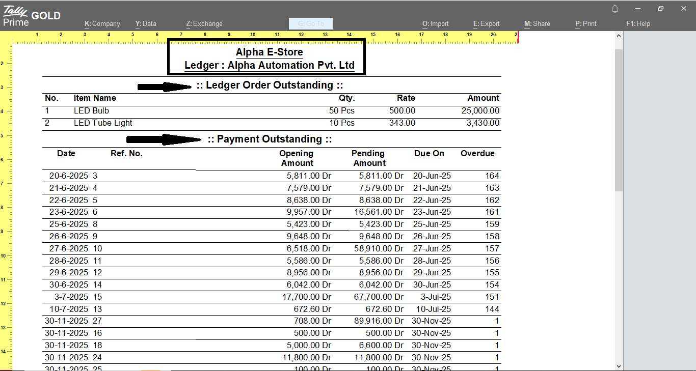 Print Ledger and Order Outstanding along with Ledger Statement